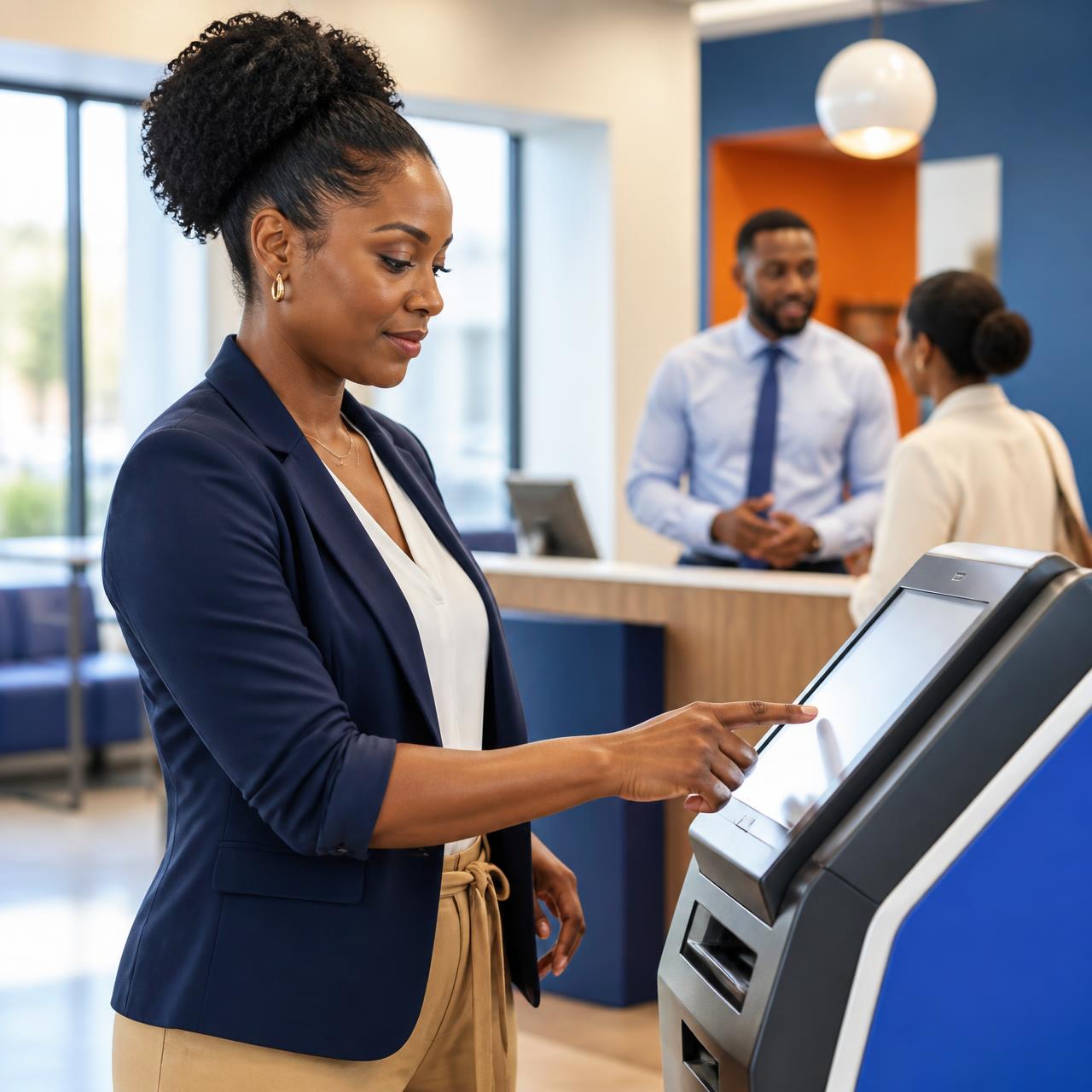 A customer using a self-service banking kiosk while a banking officer assists another customer in a modern branch.