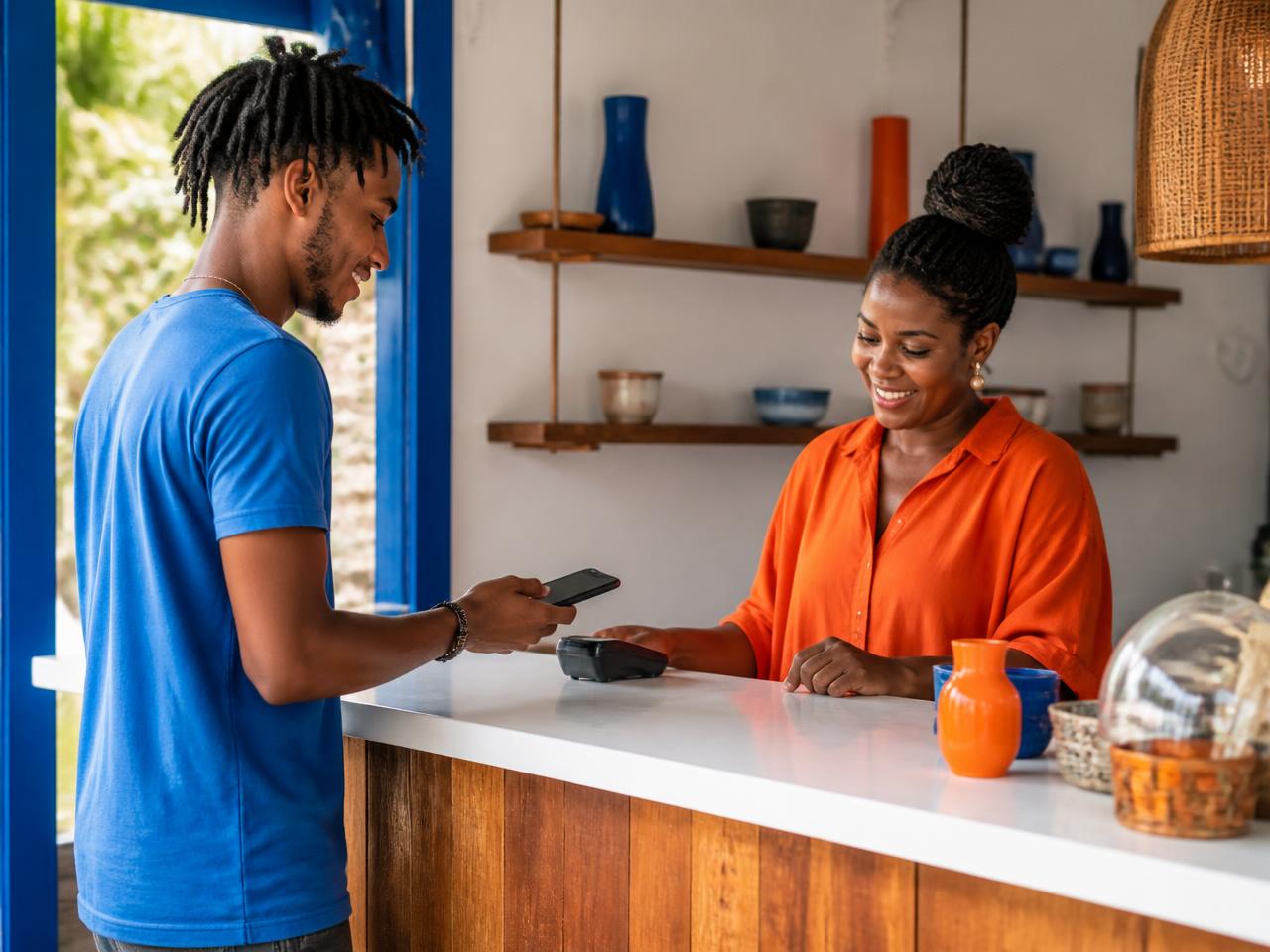A customer paying a merchant with a digital wallet on a mobile phone.